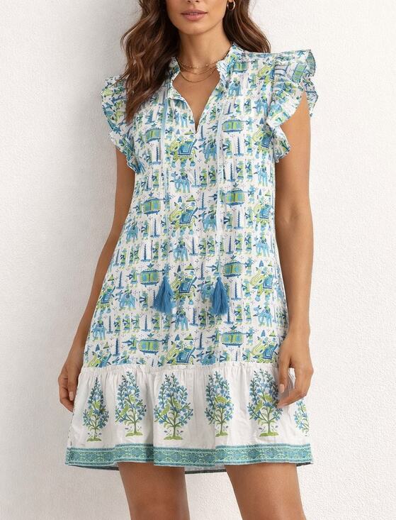 islapayal Dresses & Skirts - Islapayal Cotton Tunic Printed Ruffle Sleeve Mini Dress White Blue Green Medium